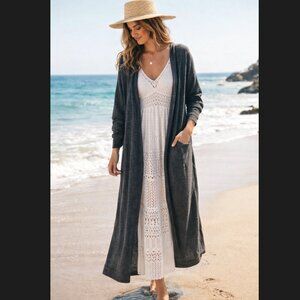 Free People Beach Bi-Coastal Duster Cardigan M Gray Longline Open Front Pockets